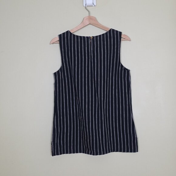 Ellen Tracy Linen Top Women S Blue Navy Stripes Sleeveless Coastal Preppy Boho - Picture 2 of 14